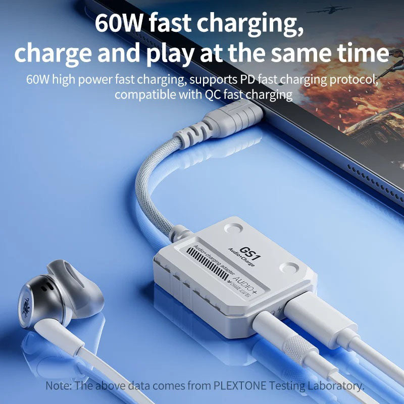 Plextone GS1 2 in 1 Gaming Adapter with Type-C 60W Fast Charging & 3.5mm 3D Stereo Sound.