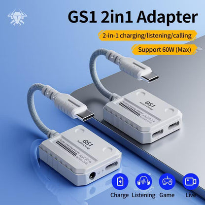 Plextone GS1 2 in 1 Gaming Adapter with Type-C 60W Fast Charging & 3.5mm 3D Stereo Sound.