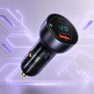Baseus 65W Digital Display Car Charger QC PPS fast charging adapter with dual ports for smartphones and laptops