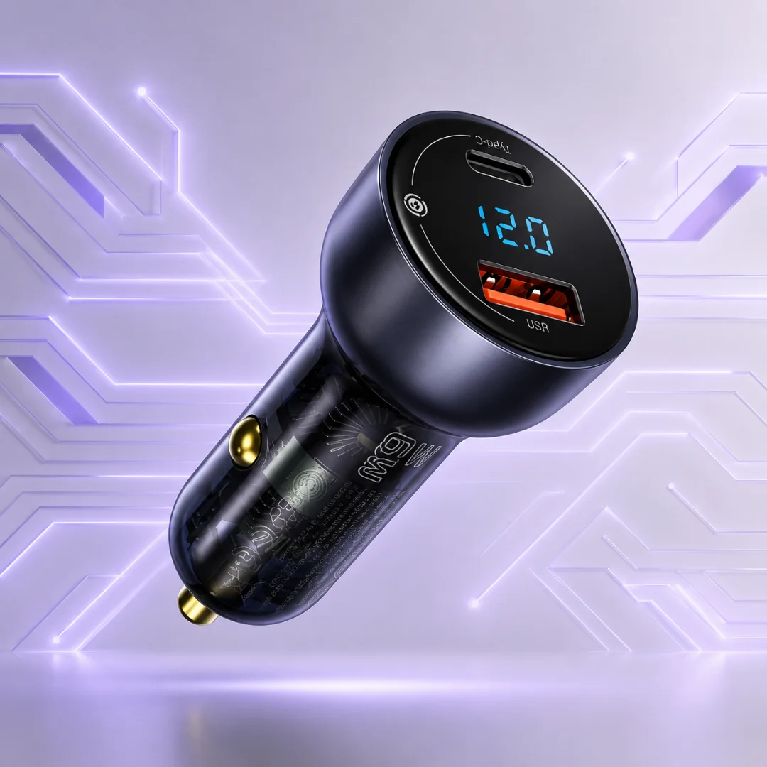 Baseus 65W Digital Display Car Charger QC PPS fast charging adapter with dual ports for smartphones and laptops