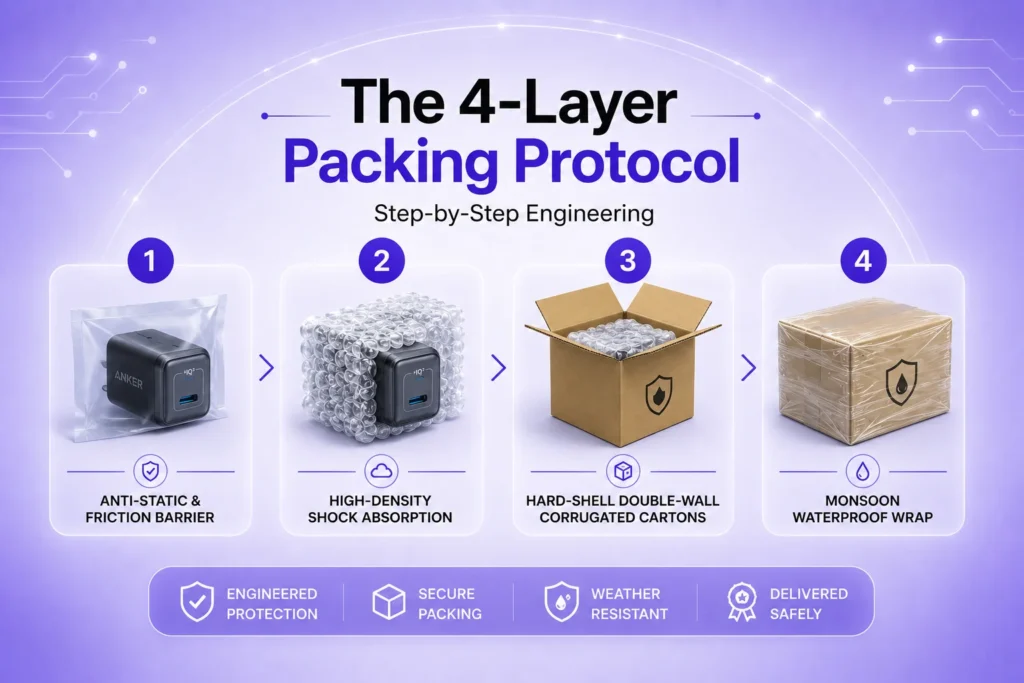 A four-step packing protocol infographic showing an anti-static barrier, high-density shock absorption, double-wall corrugated cartons, and a waterproof wrap designed to prevent courier transit damage.