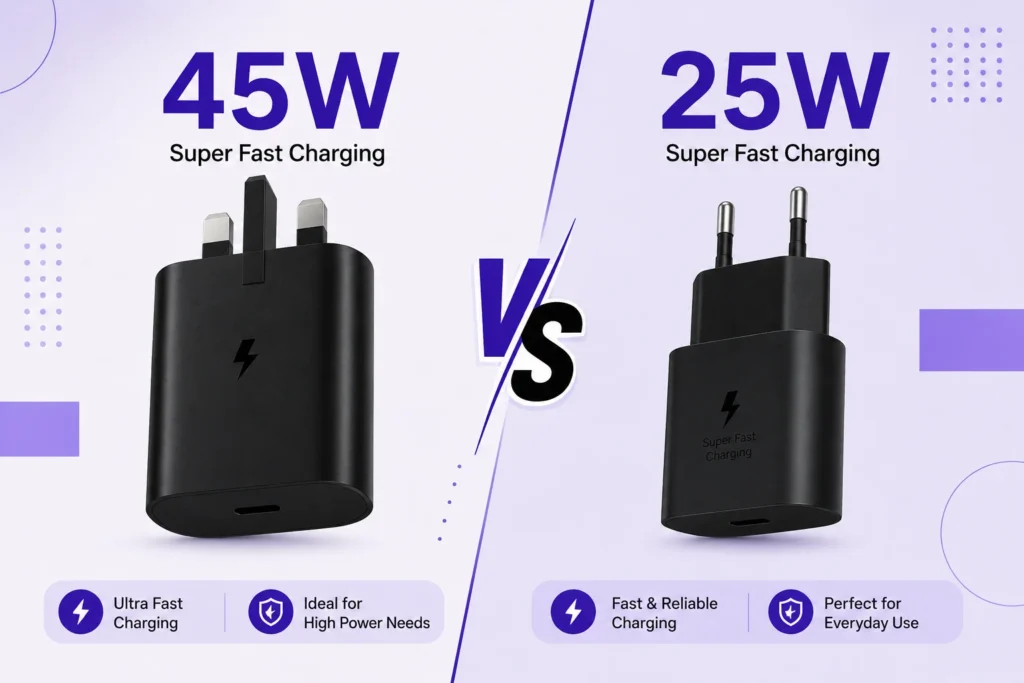 Side-by-side comparison of a Samsung 45W vs 25W charger highlighting ultra-fast charging capabilities versus reliable everyday use.
