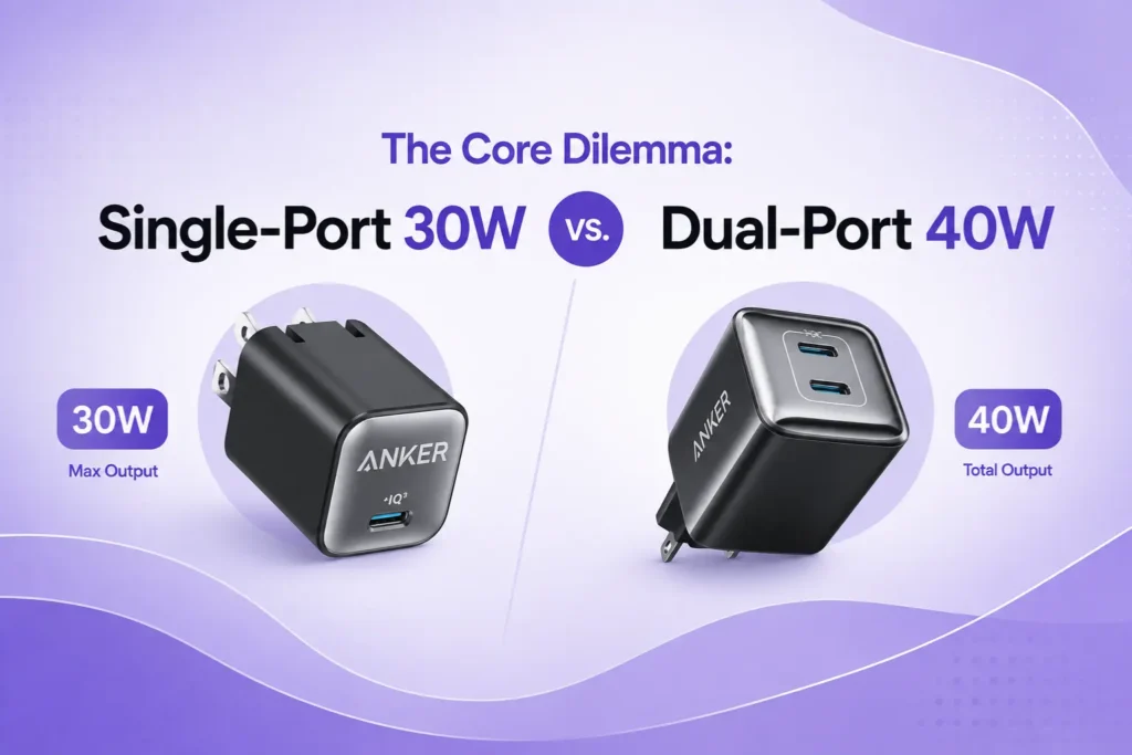 Side-by-side graphic of Anker single-port 30W charger versus Anker dual-port 40W charger, showing 30W max and 40W total output.