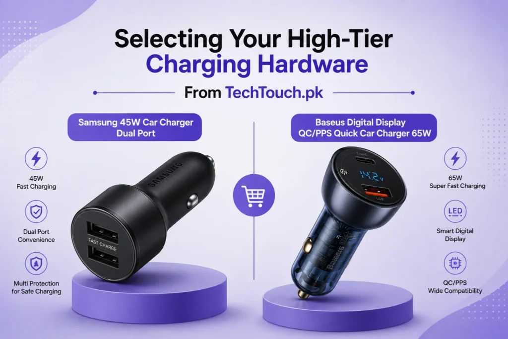 Infographic comparing two high-tier safe car chargers from TechTouch.pk: Samsung 45W Dual Port and Baseus 65W Digital Display