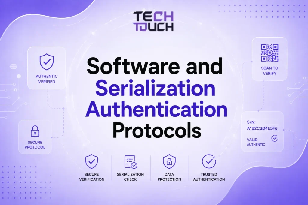 An infographic from Tech Touch explaining software and serialization authentication protocols to verify original tech accessories in Pakistan, illustrating QR code scanning, valid serial number (S/N) A1B2C3D4E5F6 confirmation, and data protection steps