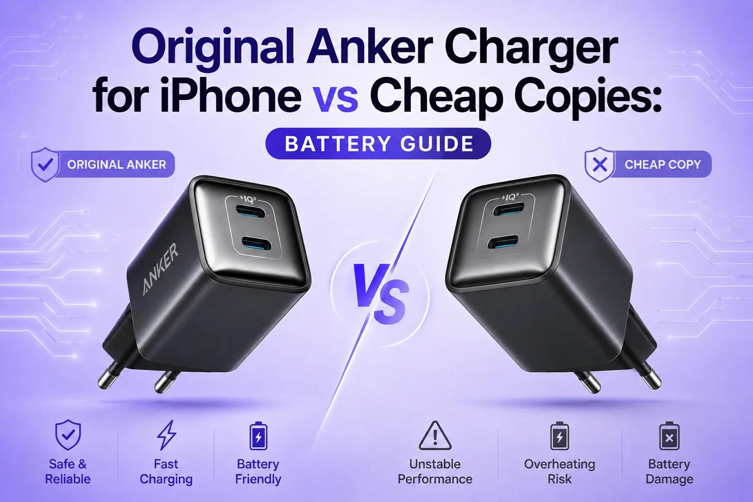 An original Anker charger for iPhone side-by-side with a cheap copy, highlighting battery guide metrics like reliability versus overheating risks.