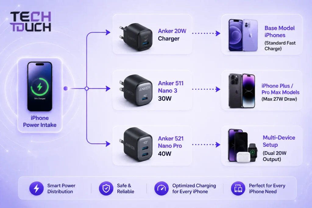 A power distribution chart showing an original Anker charger for iPhone models, featuring the Anker 20W, 30W Nano 3, and 40W Nano Pro options.