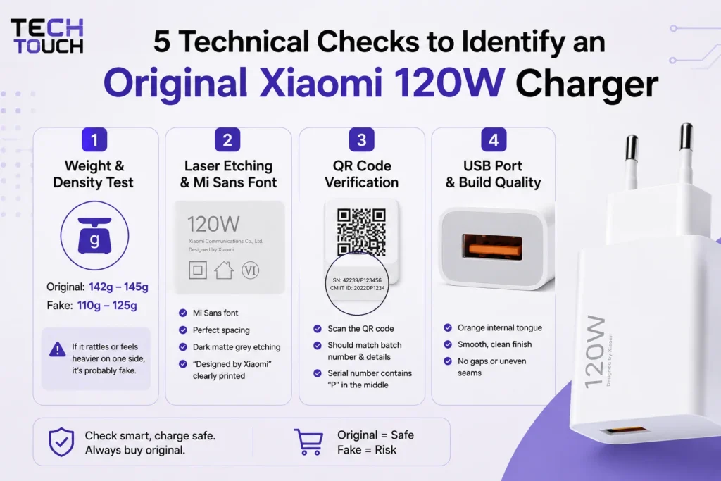 Infographic detailing 5 technical checks to identify an original Xiaomi 120W charger, including weight, laser etching, and port quality.