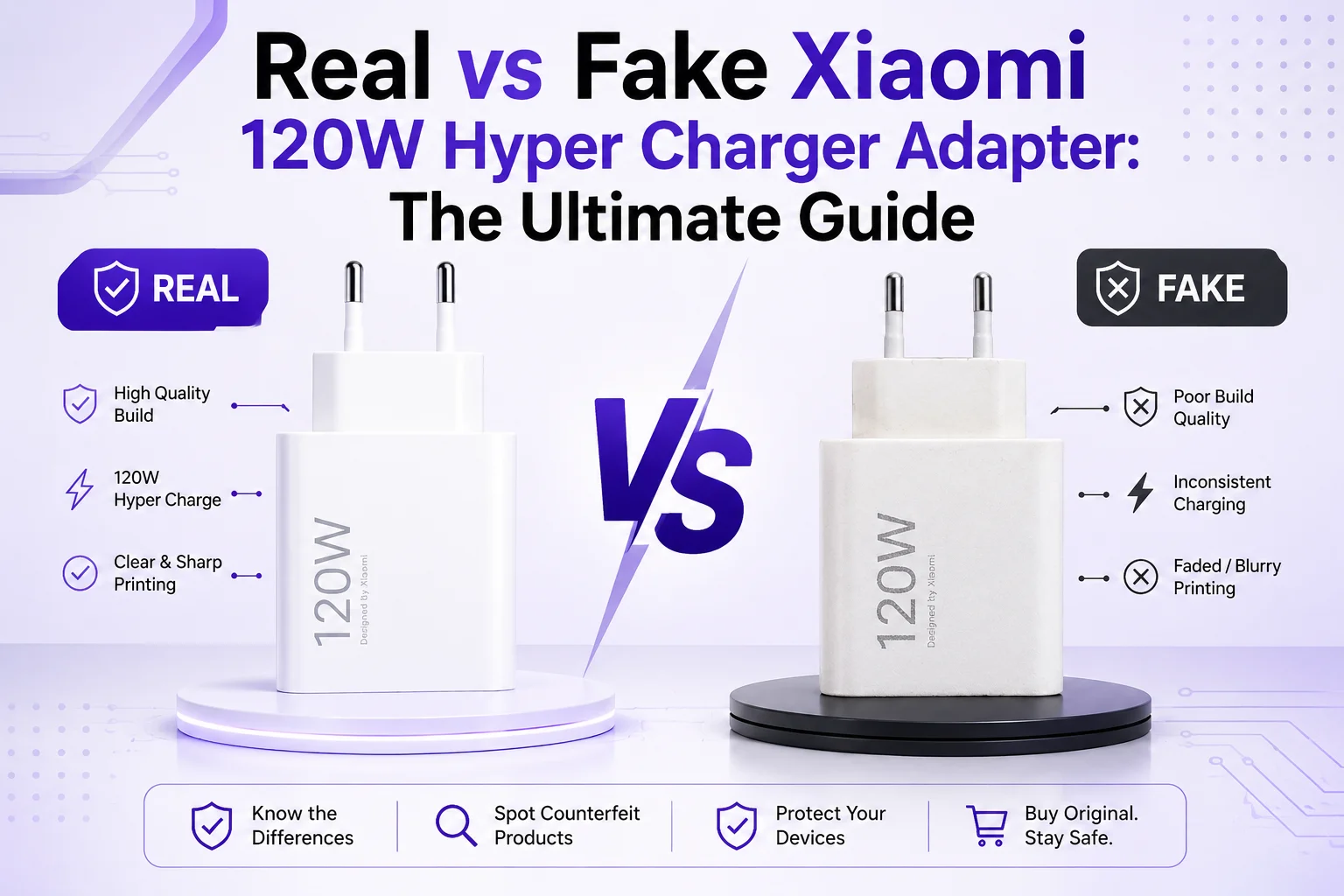 Side-by-side comparison banner of a real vs fake Xiaomi 120W HyperCharger adapter highlighting build differences.