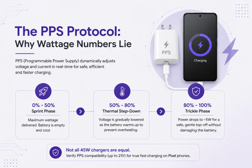 Infographic explaining the PPS fast charging protocol for Pixel phones, detailing how dynamic voltage adjusts through sprint, thermal step-down, and trickle phases.