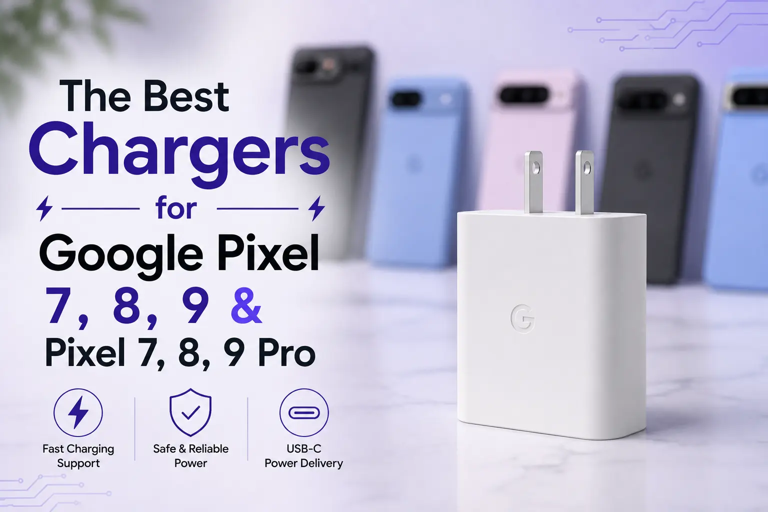 Feature image showing the best charger for Google Pixel 7, Pixel 8, Pixel 9, and Pixel Pro models with a Google USB-C power adapter and blurred Pixel smartphones in the background.