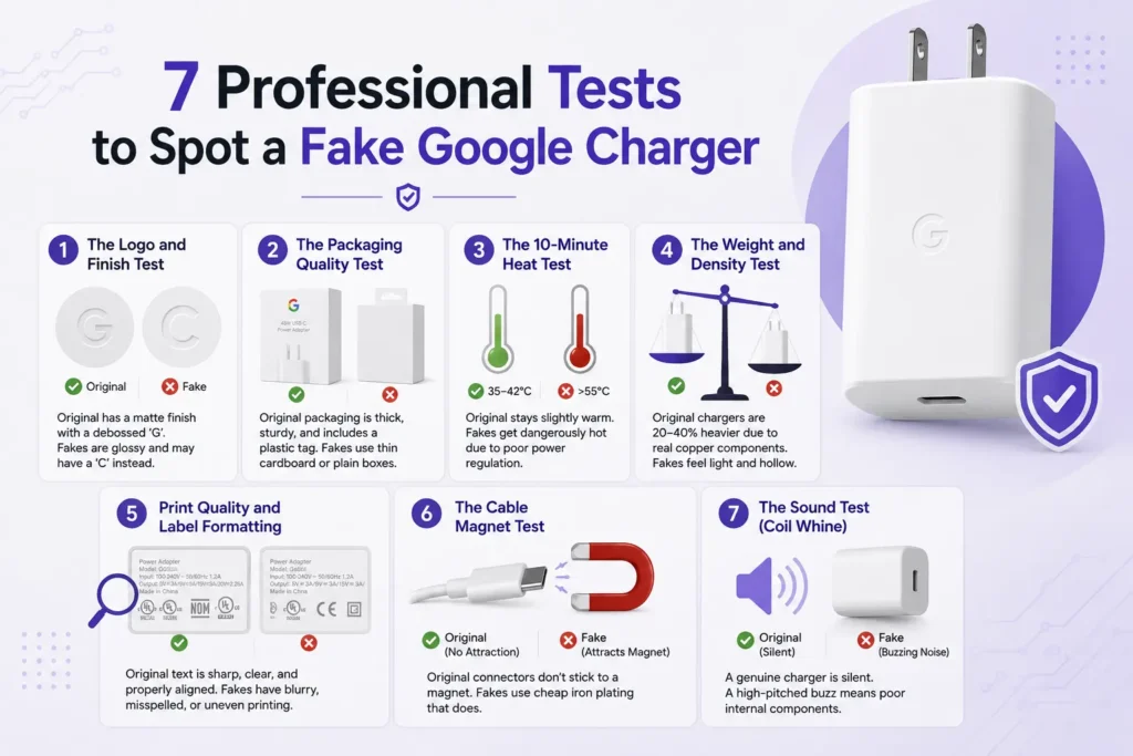 7 Professional Tests to Spot a Fake Google Charger – Infographic showing logo test, packaging quality, heat test, weight comparison, print quality, cable magnet test, and coil whine verification for original Google chargers.