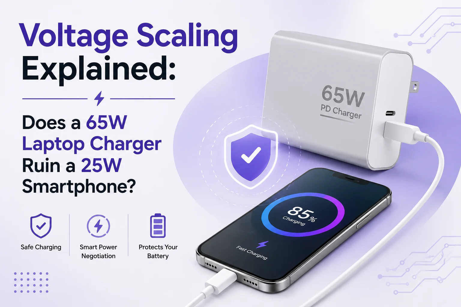 Voltage Scaling Explained feature image showing a 65W USB-C PD laptop charger safely charging a 25W smartphone using smart power negotiation without damaging the battery.