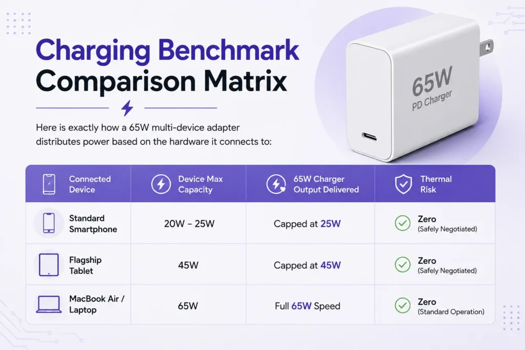 Charging benchmark comparison matrix showing how a 65W USB-C charger automatically delivers 25W to smartphones, 45W to tablets, and the full 65W to laptops with zero thermal risk through USB Power Delivery.