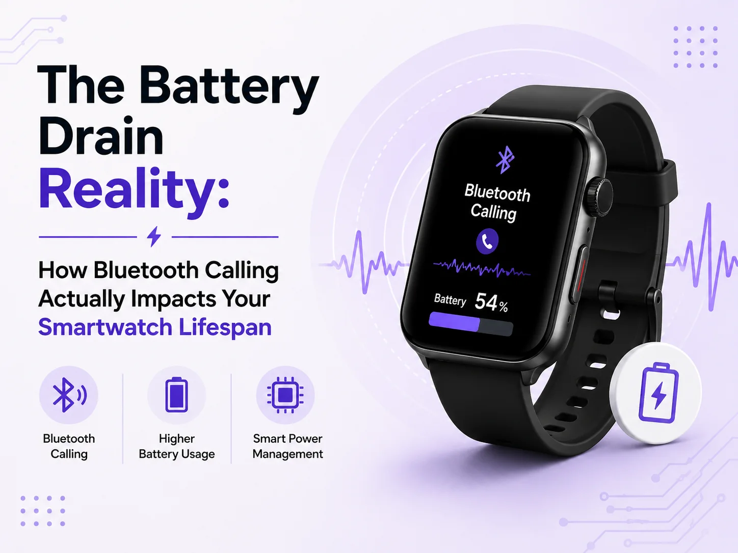 Feature image showing a smartwatch with Bluetooth calling enabled, illustrating how Bluetooth calls increase battery consumption and affect smartwatch battery lifespan.