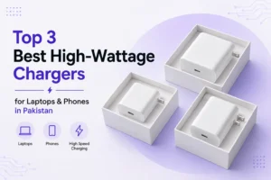 Feature image showing three high-wattage USB-C fast chargers in product boxes, highlighting the best charger options for laptops and smartphones in Pakistan.