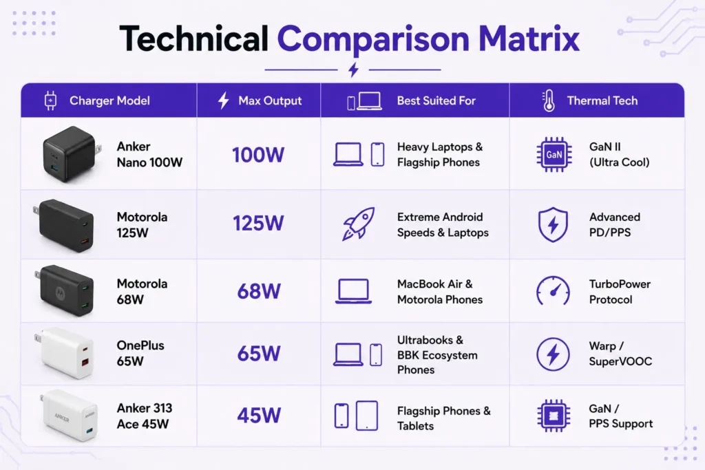 Technical comparison matrix comparing 45W, 65W, 68W, 100W, and 125W fast chargers by maximum power output, ideal devices, and charging technologies including GaN, PD, PPS, TurboPower, and SuperVOOC.