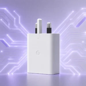 A white, original Google 30W USB-C fast charger adapter featuring a 3-pin UK style plug, designed for Pixel phones and displayed against a clean white background