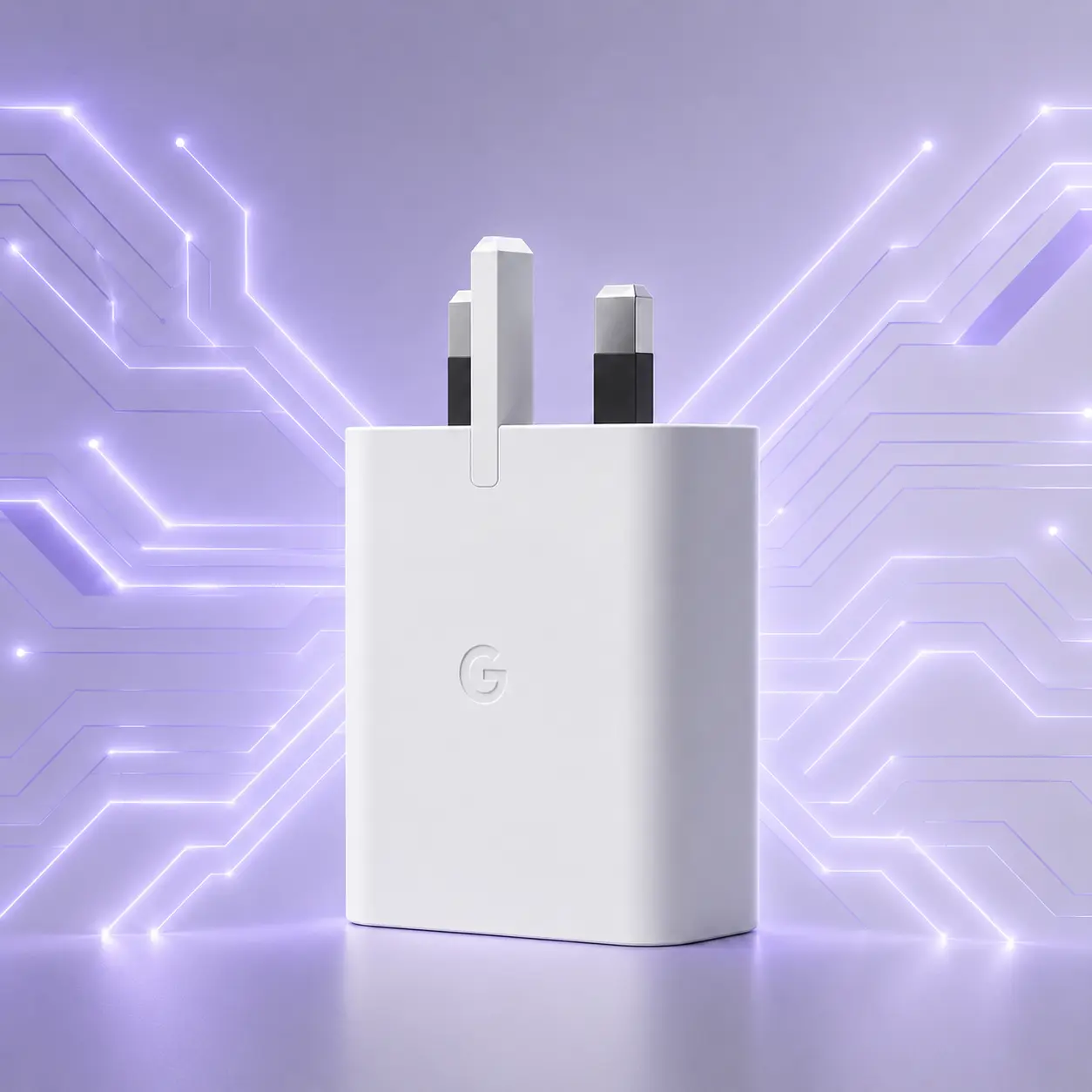 A white, original Google 30W USB-C fast charger adapter featuring a 3-pin UK style plug, designed for Pixel phones and displayed against a clean white background
