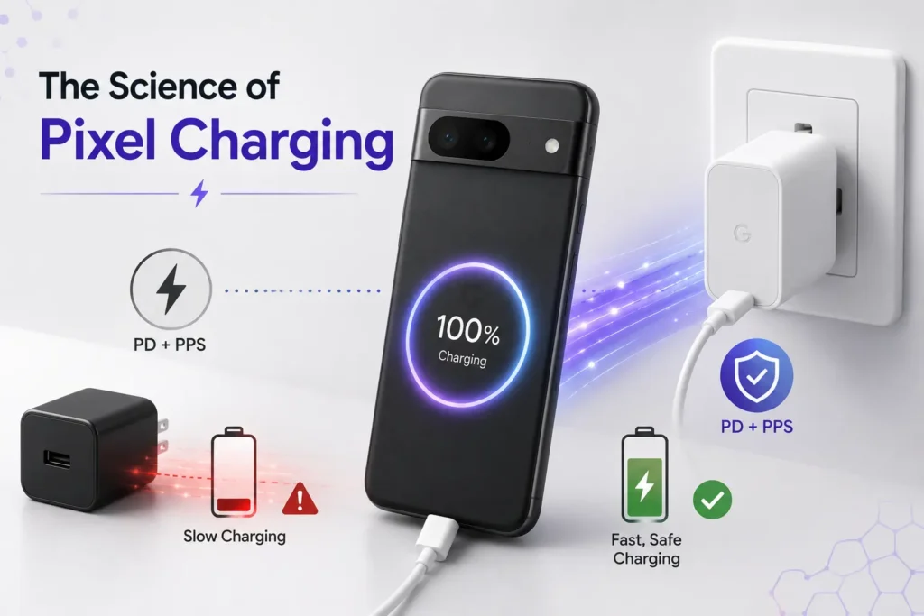 Infographic explaining Google Pixel charging technology, comparing generic chargers with USB Power Delivery (PD) and Programmable Power Supply (PPS) chargers for faster and safer charging.