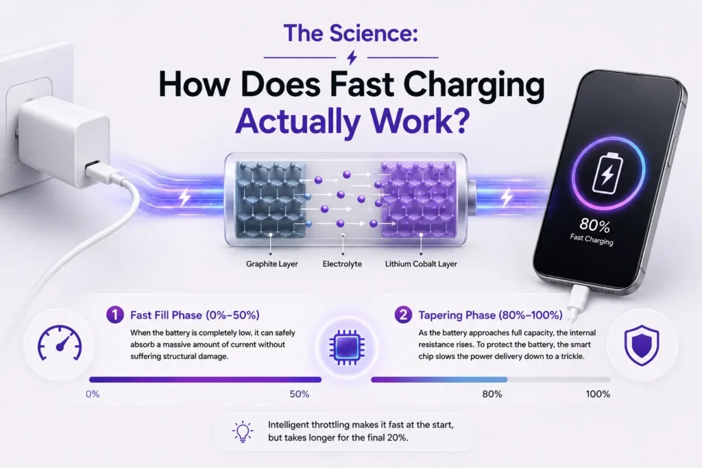 Infographic explaining how fast charging works using a fast fill phase from 0% to 50% and a tapering phase from 80% to 100% to protect battery health.