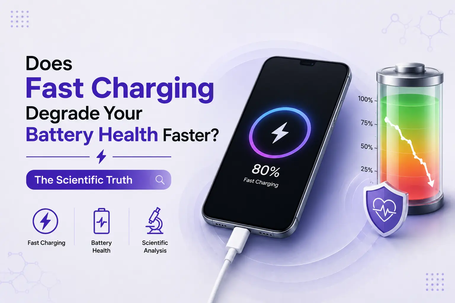 Fast charging and smartphone battery health illustration showing how high-speed charging may affect lithium-ion battery degradation over time.