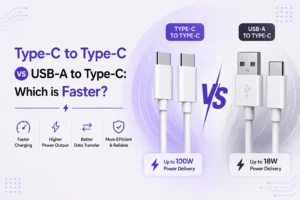 Type-C to Type-C vs USB-A to Type-C comparison showing differences in charging speed, power delivery, data transfer, and charging efficiency.