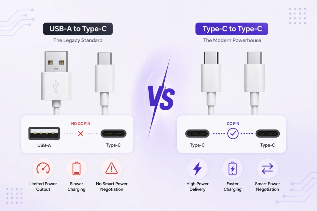 USB-A to Type-C vs Type-C to Type-C infographic showing the CC pin, smart power negotiation, faster charging, and higher USB Power Delivery support.