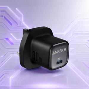 Anker Zolo 30W fast charger with USB-C port on a premium purple tech circuit background