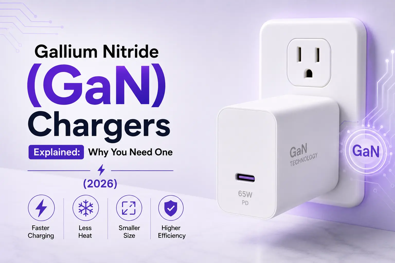 An educational graphic explaining why you need a Gallium Nitride (GaN) charger in 2026, highlighting features like faster charging, reduced heat, smaller size, and higher efficiency for buyers in Pakistan.