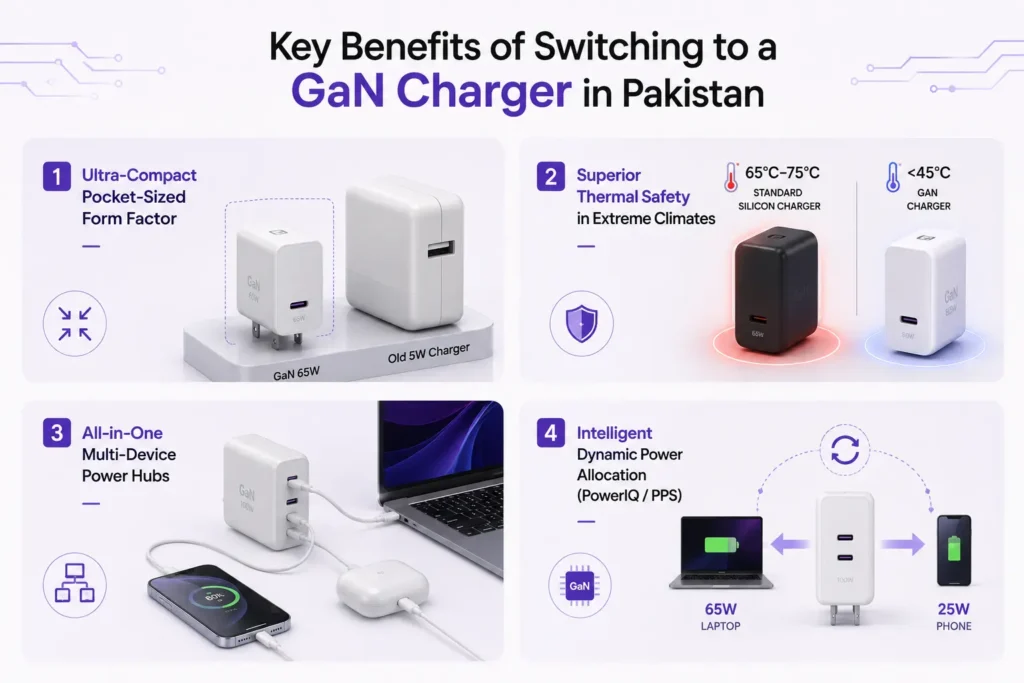 An infographic detailing the key benefits of switching to a GaN charger in Pakistan, highlighting its ultra-compact size, superior thermal safety in extreme climates, multi-device charging capabilities, and intelligent power allocation.