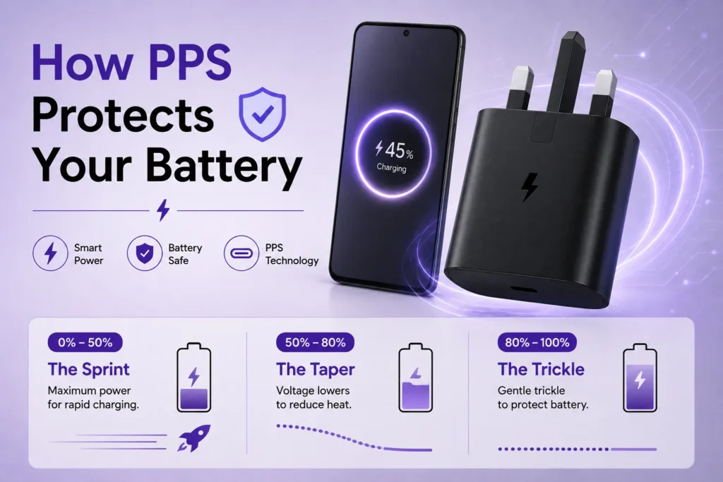 PPS charging technology showing dynamic power control across sprint, taper, and trickle charging stages