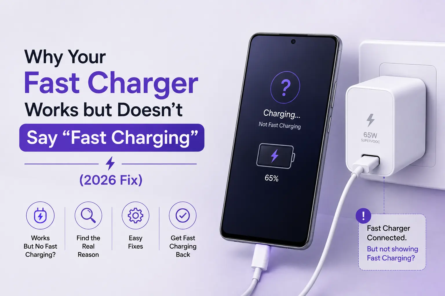 A 2026 troubleshooting guide explaining why a fast charger works but doesn't display the fast charging notification on a smartphone, featuring a 65W SuperVOOC charger in Pakistan.