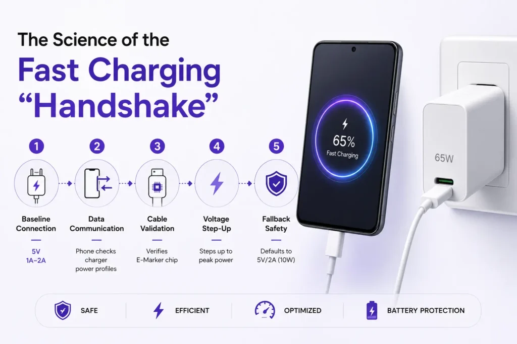 An infographic explaining the science of the fast charging handshake process, detailing baseline connection, data communication, cable validation, voltage step-up, and fallback safety for tech users in Pakistan.