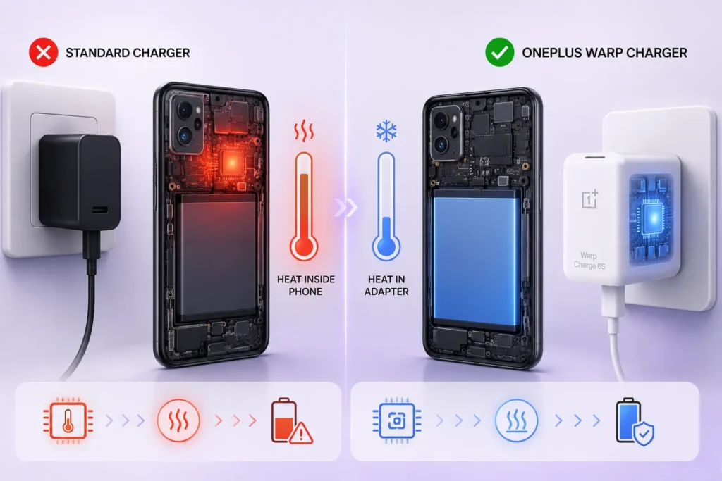 A side-by-side comparison diagram showing the thermal advantages of the OnePlus Warp Charger, which keeps heat in the adapter rather than inside the phone, compared to standard chargers available in Pakistan.