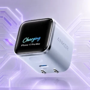 Misty blue Anker Nano 45W smart charger displaying real-time charging wattage